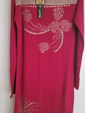 Embellished Rose Pink Tunic with Rhinestone Floral Detail